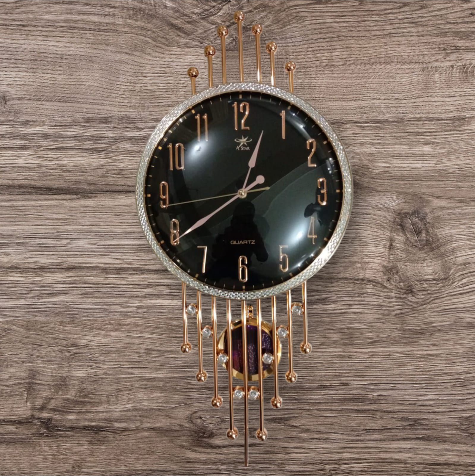 Luxury Black & Gold Wall Clock with Crystal Pendulum